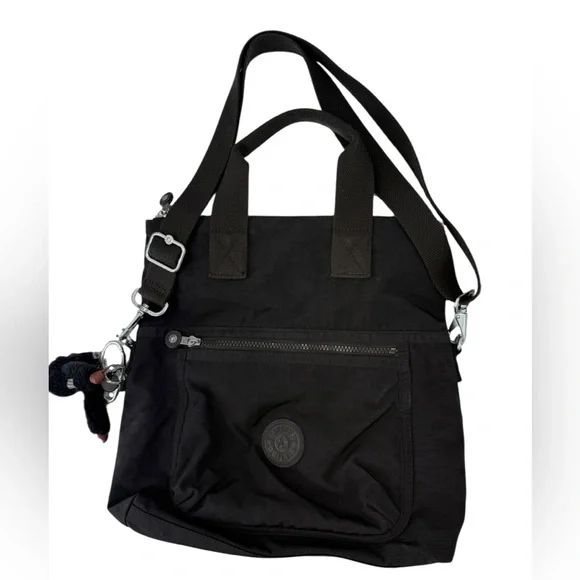 Kipling Eleva Convertible Tote Crossbody Black Nylon Bag w/  Monkey Charm - Picture 2 of 13